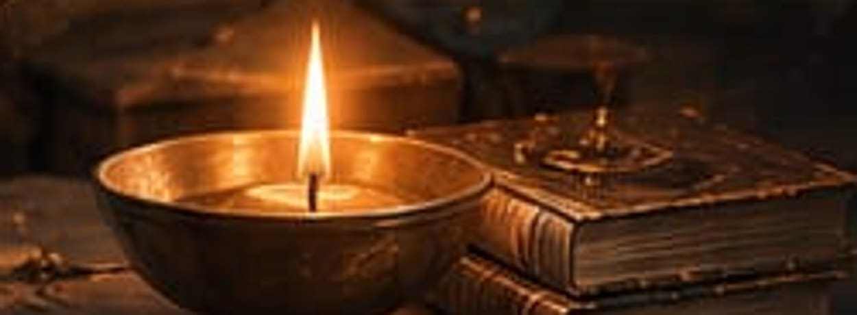 A lit ghee lamp beside old bound books on a dark table.