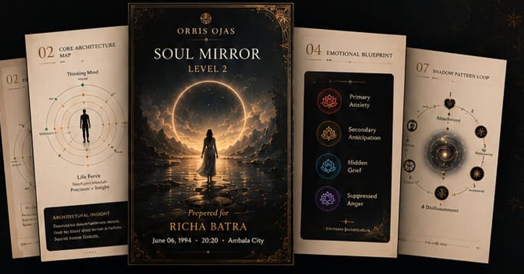 Five Soul Mirror report pages fanned in depth — the dark cover at the centre, with the core architecture map, emotional blueprint and shadow pattern loop angled behind it.