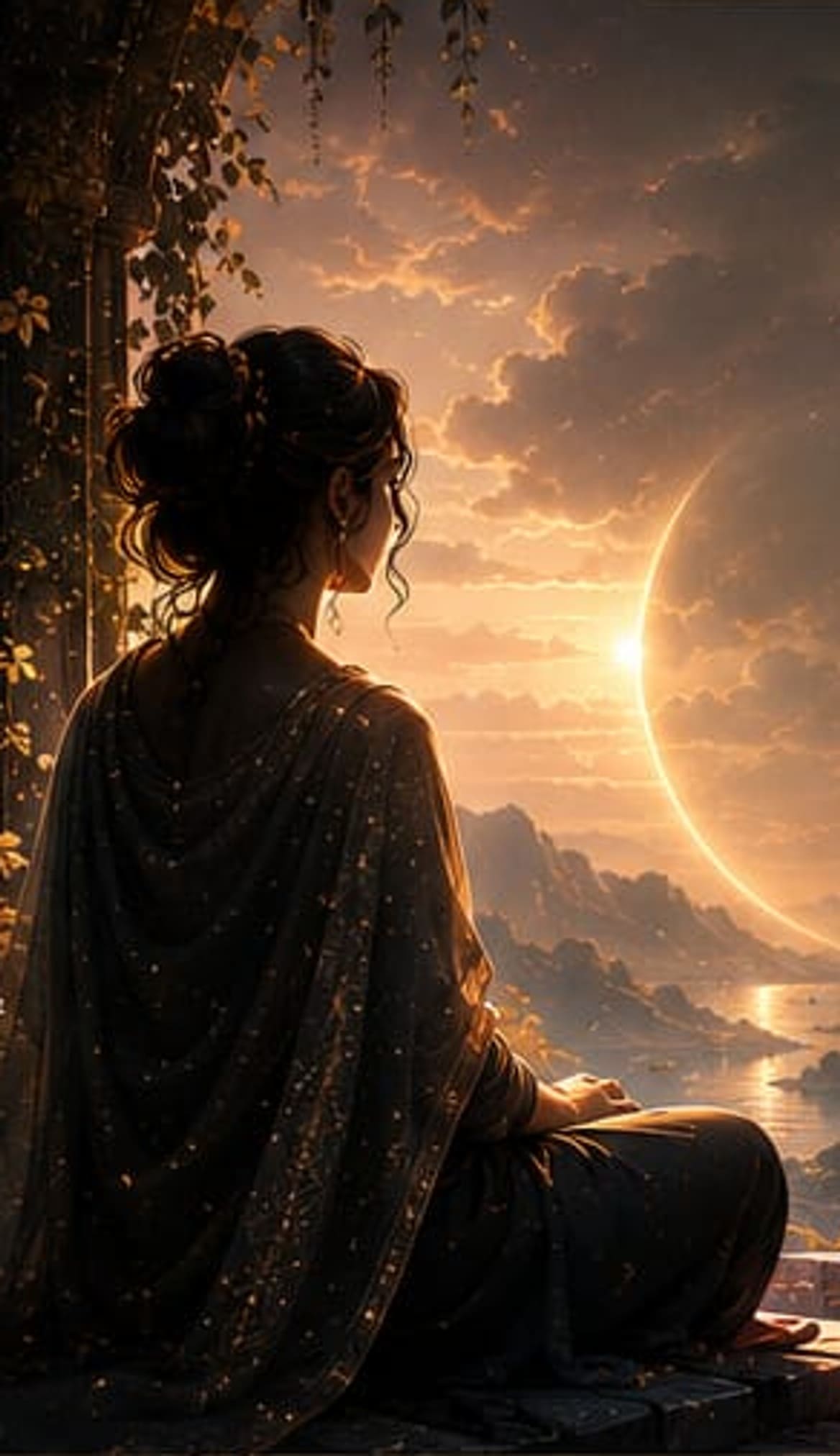 A woman seated at a stone terrace at dawn, looking out over a valley towards a crescent horizon.