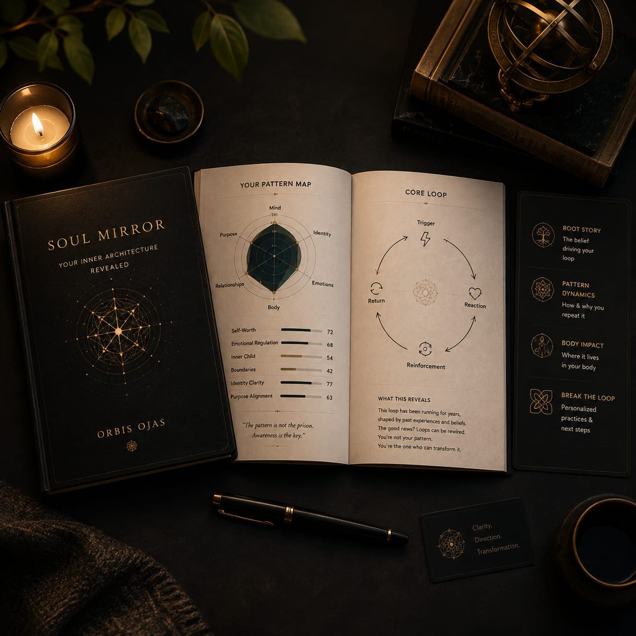 An open Soul Mirror report on a dark table, showing a personal pattern map across mind, identity, emotions, body, relationships and purpose, beside a diagram of the core loop.